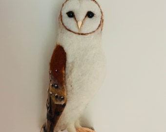 Needle felted barn owl wall hanging sculpture made to order.