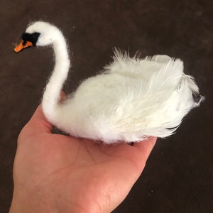 Black or white Needle felted swan sculpture with feathers and optional crown