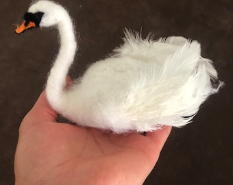 Black or white Needle felted swan sculpture with feathers and optional crown