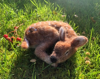 Needle felted sleeping deer fawn, reindeer made to order