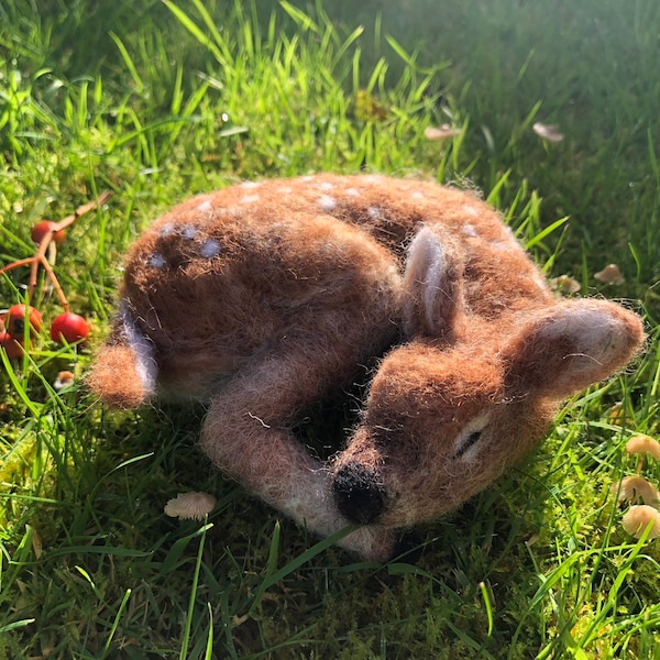 Needle felted sleeping deer fawn, reindeer made to order