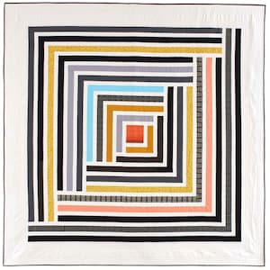May include: A white quilt with a geometric pattern of black, gray, gold, orange, pink, and blue stripes. The stripes are arranged in a series of concentric squares.