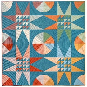 May include: A colorful geometric quilt with a repeating pattern of circles, stars, and triangles. The quilt is made in shades of blue, green, orange, pink, and red.