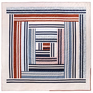 May include: A quilt with a geometric pattern of stripes in shades of blue, red, and pink. The stripes are arranged in a concentric pattern, creating a visually appealing design.