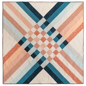 Peut inclure: Une courtepointe avec un motif géométrique dans des tons de pêche, turquoise et blanc. La courtepointe est composée de carrés et de rectangles, et le motif est répété sur toute la courtepointe.