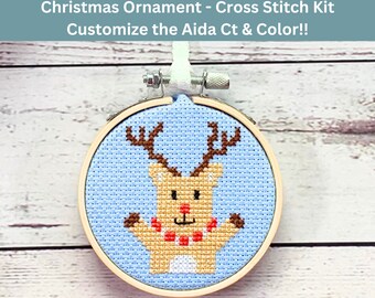 Whimsical Reindeer Cross Stitch Kit (3 inch hoop) - DIY Christmas Craft - Reindeer with Santa Hat & Scarf - Beginner Friendly Embroidery