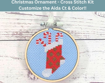 Christmas Stocking Cross Stitch Kit with Pattern (3 Inch Hoop) - DIY Red & White Stocking with Candy Canes, Handmade Holiday Craft Set