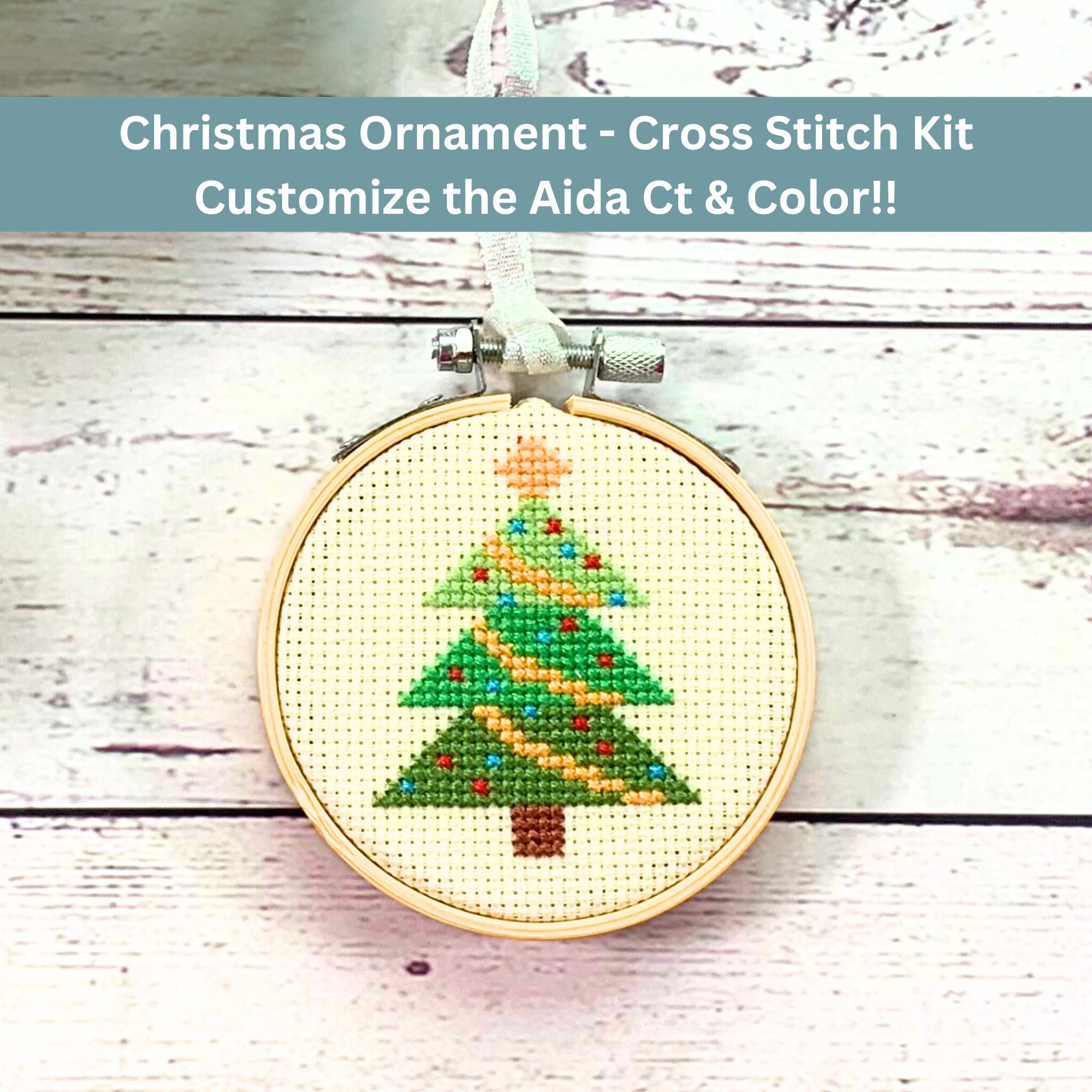 DIY Christmas Tree Craft Kit (3 inch Hoop) - Handmade Tiered Tree Ornament - Festive Cross Stitch, Needlework Kit- Holiday Crafting Gift Set