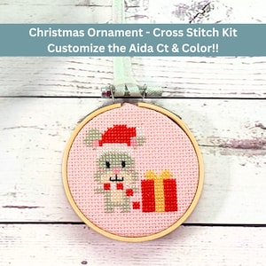 DIY Christmas Mouse Cross Stitch Kit (3 inch Hoop) - Handmade Grey Mouse Ornament - Xmas Cross Stitch Needlework - Holiday Crafting Gift Set
