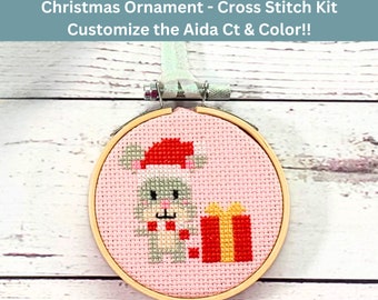 DIY Christmas Mouse Cross Stitch Kit (3 inch Hoop) - Handmade Grey Mouse Ornament - Xmas Cross Stitch Needlework - Holiday Crafting Gift Set