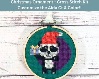 Panda Bear Christmas Cross Stitch Kit (3 inch hoop)- DIY Holiday Ornament Embroidery, Festive Animal Craft, Beginner-Friendly Handmade Decor