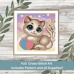 Cute Kitten Cross-Stitch Kit - Full DIY Cat Cross Stitch Kit with Pattern | Gift for Cat Lover | Beginner-Friendly DIY Pet Craft Kit