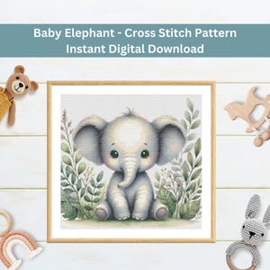 Padrão de ponto cruz de aquarela de elefante bebê | PDF digital | Decoração fofa de berçário de animais de safári | Presente para novo bebê | Download instantâneo