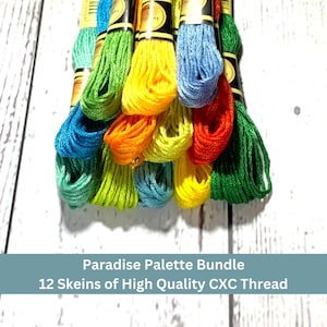 May include: A bundle of 12 skeins of high quality embroidery floss in a variety of bright colors, including green, yellow, blue, orange, and red. The skeins are arranged in a pyramid shape and labeled "Paradise Palette Bundle 12 Skeins of High Quality CXC Thread".