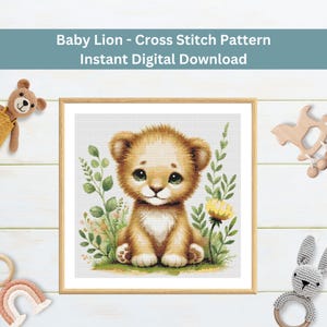 Baby Löwe Kreuzstich Muster | Aquarell Tier Kreuzstichvorlage | Digitales PDF | Süße Safari Tiere Kinderzimmer Dekor | Neues Baby-Geschenk