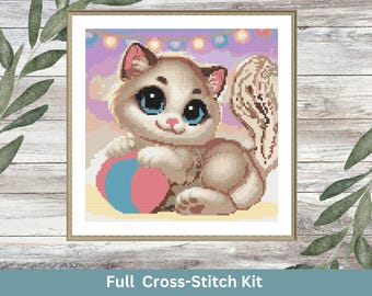 Cute Kitten Cross Stitch Kit - Complete Cat DIY Needlework Kit for Beginners