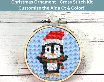 DIY Penguin Craft Kit (3 inch hoop) - Handmade Christmas Penguin Ornament - Festive Cross Stitch Needlework - Winter Holiday Crafting Gift