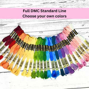 以下が含まれることがあります： 虹色のDMC標準刺繍糸のコレクション。糸は扇状に配置されており、各色がはっきりと見えます。画像には「Full DMC Standard Line Choose your own colors」というテキストが含まれています。