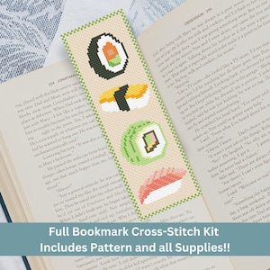 Sushi Bookmark Cross Stitch Kit - Full Cross Stitch Kit with Printed & Digital Pattern - DIY Stitching Kit - Gift for Her, 2.5 x 7.5 in