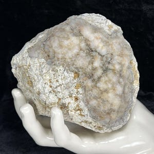 May include: A large, rough-textured rock with a mix of white, beige, and gray tones. The rock has a crystalline appearance with visible cracks and some golden-brown spots. The rock is held by a white ceramic hand against a black background.