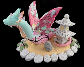 Sumi Dargonfly With Zen Garden-3 Piece Set-Polymer Clay Sculpture-Figurine, Handmade Original-Fantasy, Magnetic, Winged Dragon