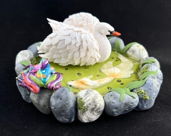 Skye-Swan on a Koi Pond-two piece set-Polymer Clay Sculpture-Figurine, Handmade Original-Fantasy, Magnetic