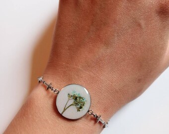 Adjustable Silver Cross Bracelet with Real Blue Flower in Center