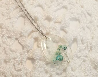 Real Baby's Breath Flower Necklace with 18 inch Stainless Steel Chain