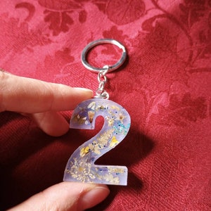 Number 2 Purple Keychain with Real Wildflowers and Blue Glitter image 2