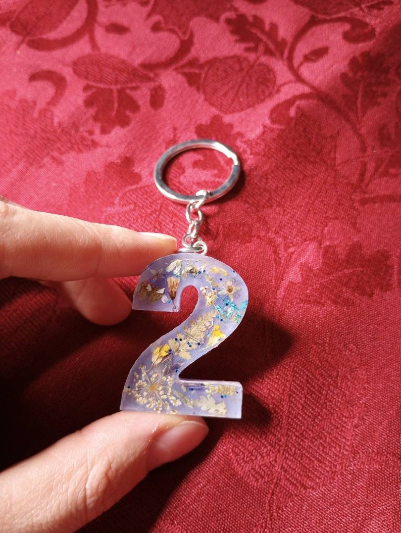 Number 2 Purple Keychain with Real Wildflowers and Blue Glitter image 2