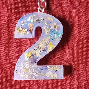 Number 2 Purple Keychain with Real Wildflowers and Blue Glitter image 1