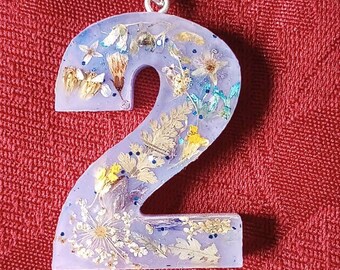 Number 2 Purple Keychain with Real Wildflowers and Blue Glitter