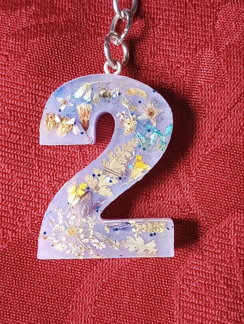 Number 2 Purple Keychain with Real Wildflowers and Blue Glitter image 1