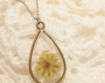 Real Strawberry Flower Teardrop Necklace with 18 inch Stainless Steel Chain