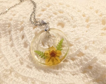 Real Wild Strawberry Flower and Fern Necklace with 18inch Stainless Steel Chain