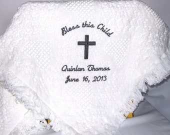 White woven hearts baby baptism blanket with Bless this child, cross and baby's name and date