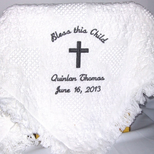 White woven hearts baby baptism blanket with Bless this child, cross and baby's name and date