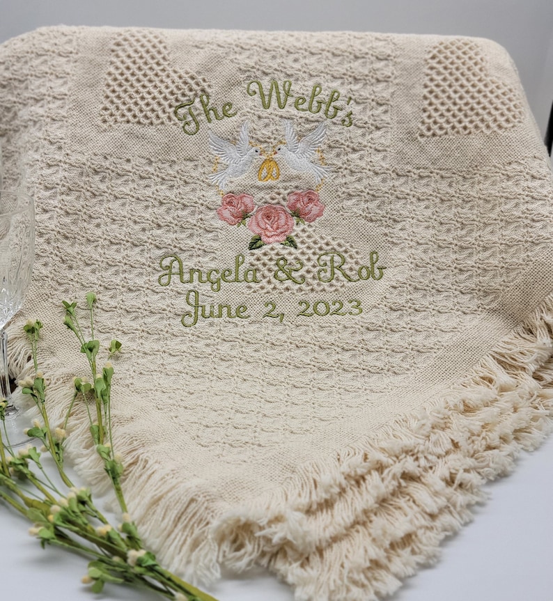 Personalized cream wedding blanket, monogram, doves and roses, bride and groom gift, wedding gift, wedding throw, bride gift, wedding memory