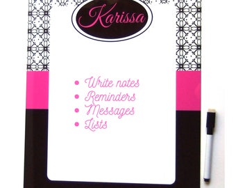 Personalized dry erase board, black, white pink floral,  message boards, home decor, room decor, memoboard, dorm decor,  kids room decor