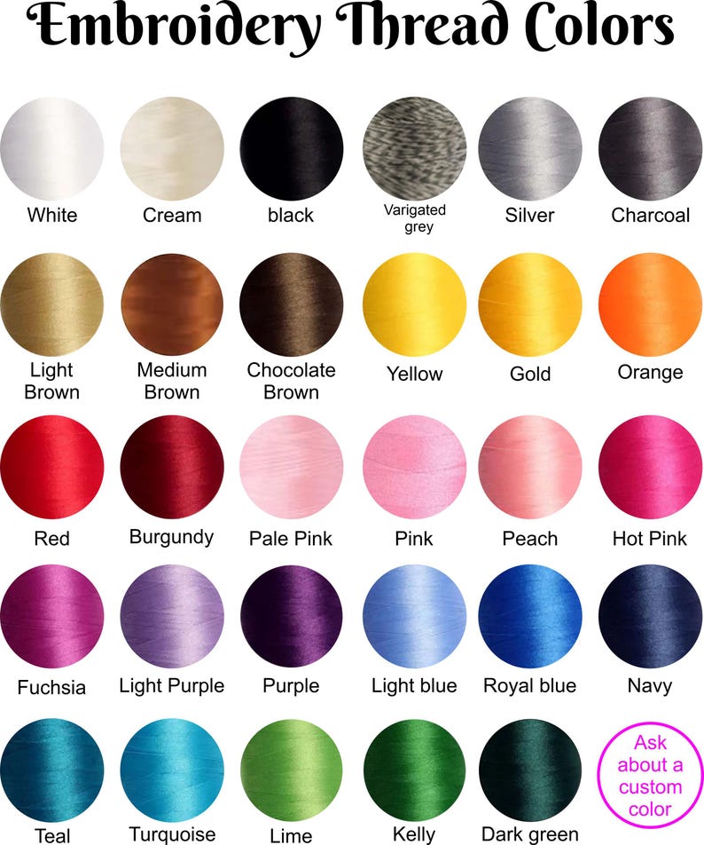 Pode incluir: Uma tabela de cores intitulada Embroidery Thread Colors apresentando trinta amostras circulares de linha em v&aacute;rios tons, incluindo branco, creme, preto, cinza, marrom, amarelo, laranja, vermelho, rosa, roxo, azul e verde, com um c&iacute;rculo final dizendo Ask about a custom color.