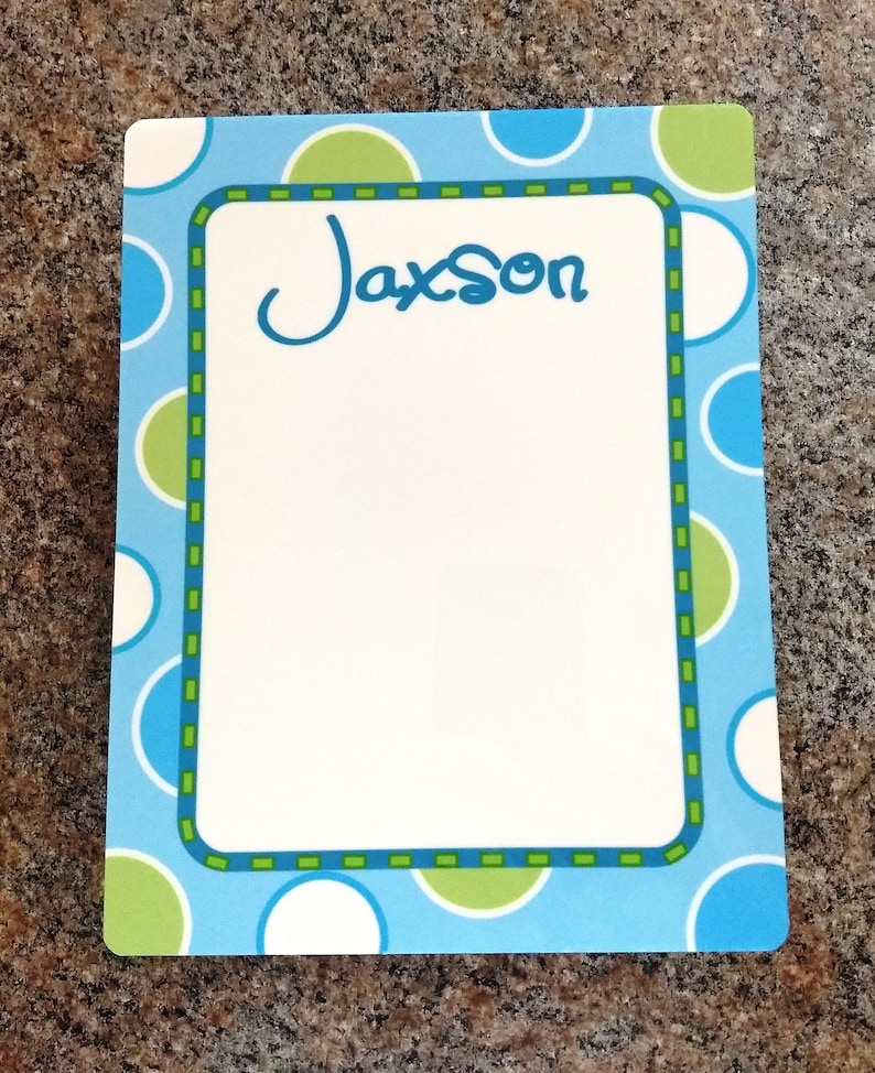 Personalized dry erase board with multi-colored dots