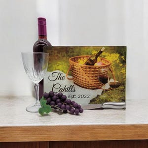 Personalized glass cutting board with wine and picnic basket theme,  wedding gift, anniversary gift, housewarming gift, home decor gift