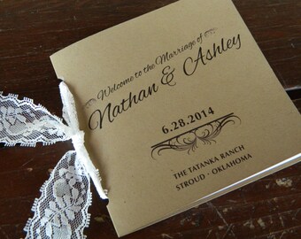 Programa de bodas, fiesta de bodas, programa de bodas de encaje, programa de bodas rústicas vintage
