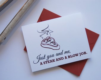 Bistec y una tarjeta de día de trabajo de golpe, día de San Valentín para las tarjetas de los hombres