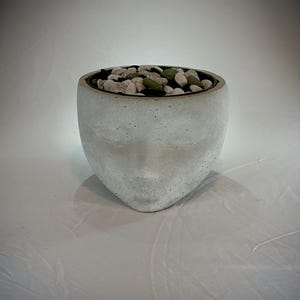 May include: A white concrete planter shaped like a face with a black liner and small white and green stones inside.