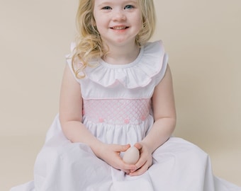Smocked Toulouse Dress White with Ruffle Collar - Pink Scallop Trim, Vintage Style,  Baby Girl, Heirloom Dress, Sister Matching