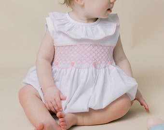 Smocked Toulouse Bubble Romper in White with Pink Ruffle Collar - Spring, Easter, Sister Matching, Christening, Baby Girl, Heirloom