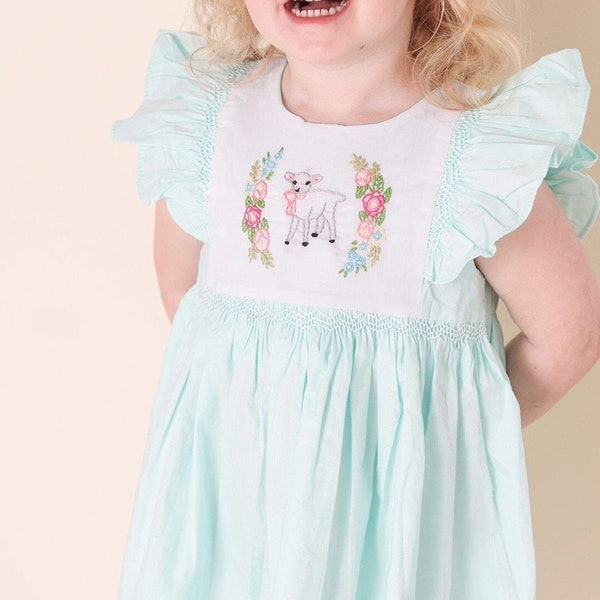 Easter Lamb Dress -Smocked & Embroidered Mint Dress - Vintage style, Heirloom dress, Baby Girl