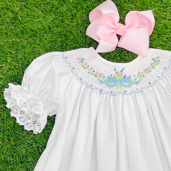 Lille Smocked Dress with Blue Bow and Lace Sleeves! - Heirloom, bishop style, Easter, Wedding, Vintage Style, Embroidered