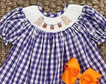 Smocked Halloween Dress with Puppies and Jack o’lantruns - Bishop Dress, Fall dress, baby girl 537 *G